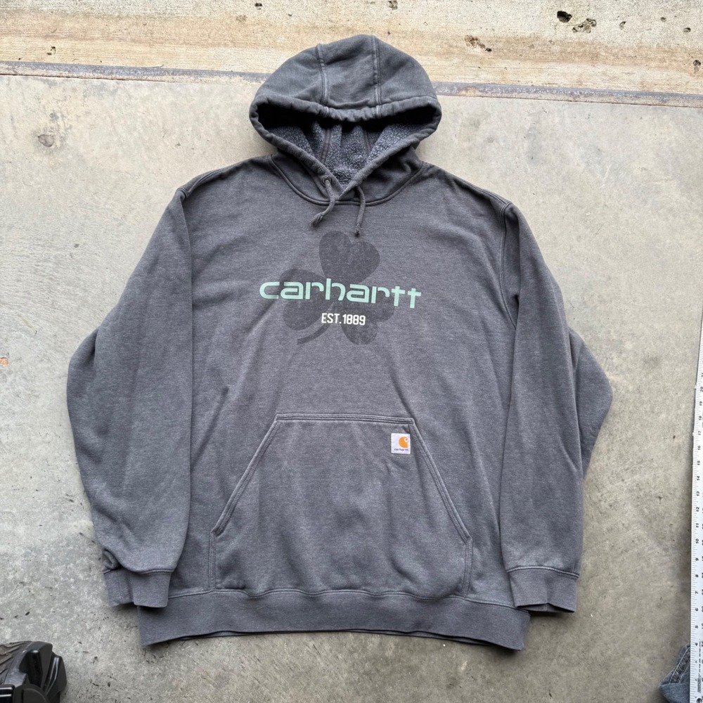 Carhartt Shamrock Clover Graphic Hoodie Mens 2XL Charcoal Gray Loose Fit Fleece